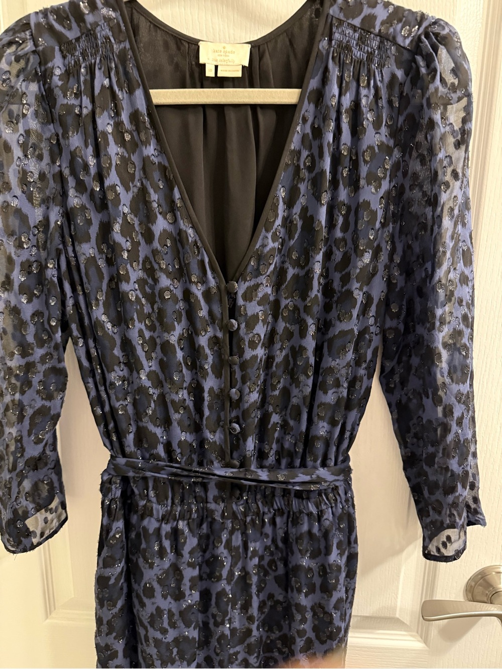 Kate Spade Blue and Black Leopard-Print Long Sleeve V-Neck Jumpsuit